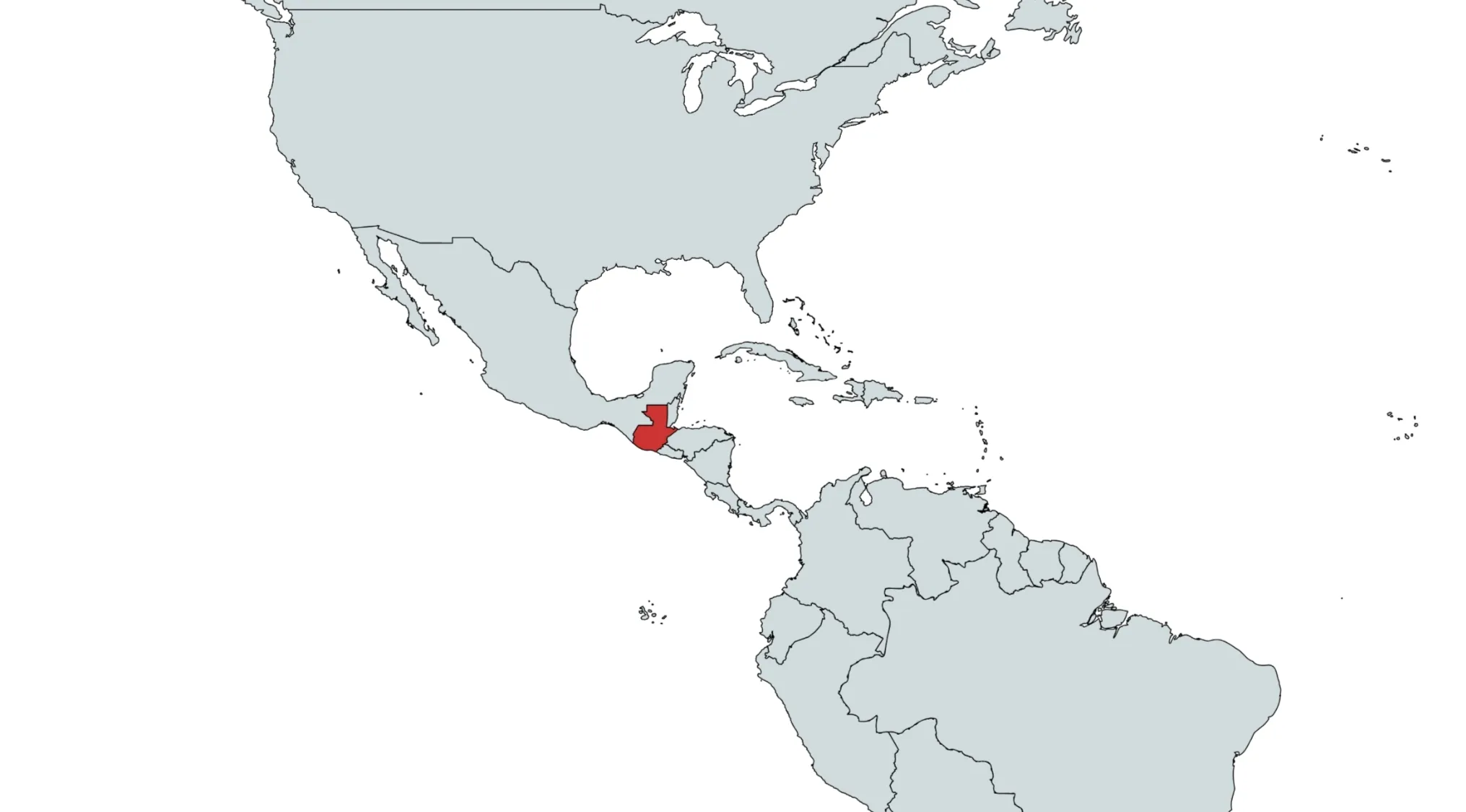 Map of North and South America, with one country in Central America highlighted in red. Can you guess the country?