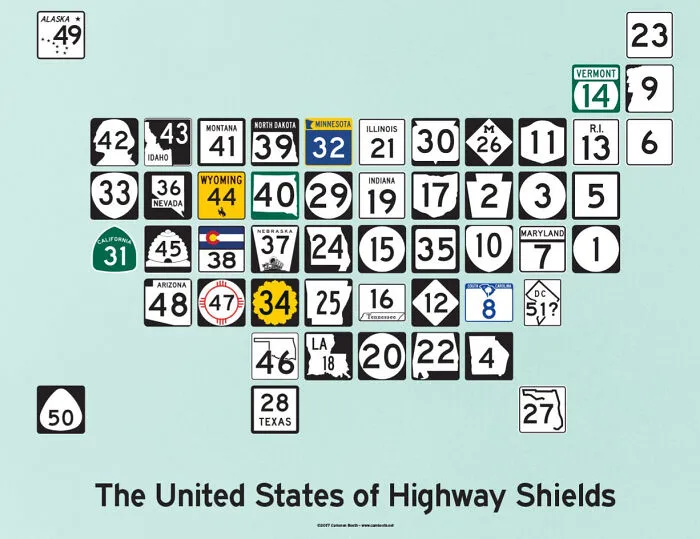 Map of United States displaying highway shields for each state