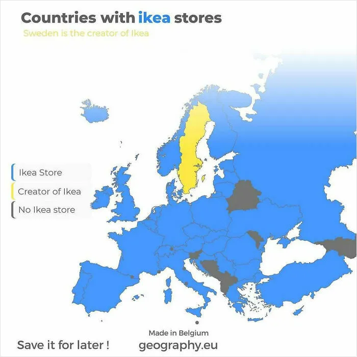 Map showing countries with Ikea stores and Sweden as Ikea creator