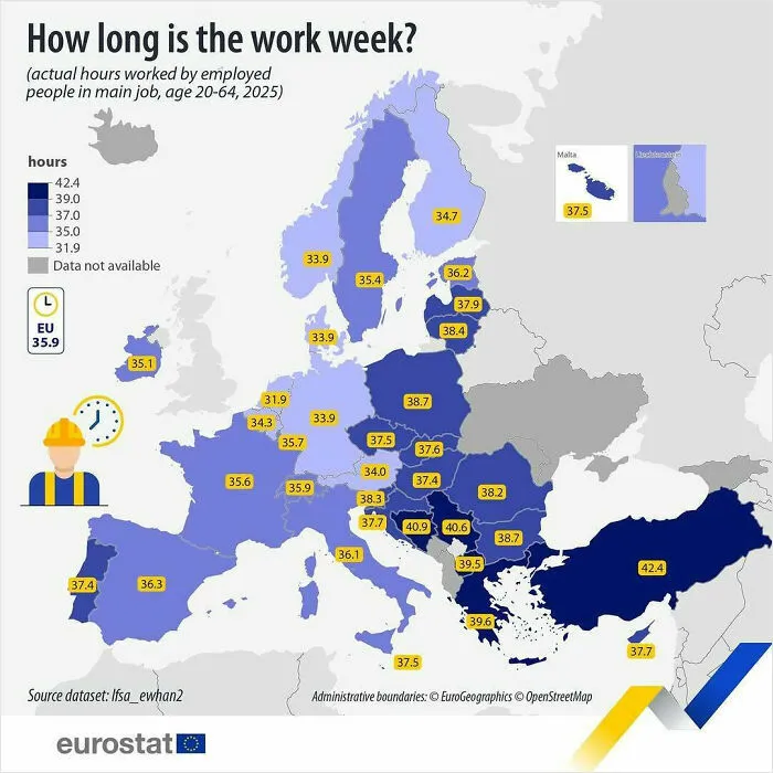 Average work week hours in Europe 2025 shown by country map