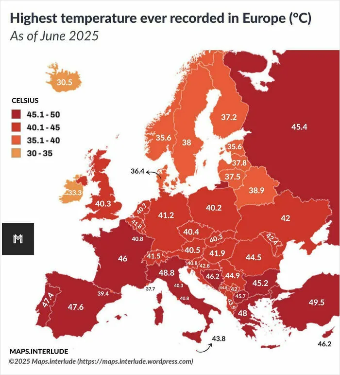 Map showing highest temperature ever recorded in Europe by June 2025 with color-coded Celsius values