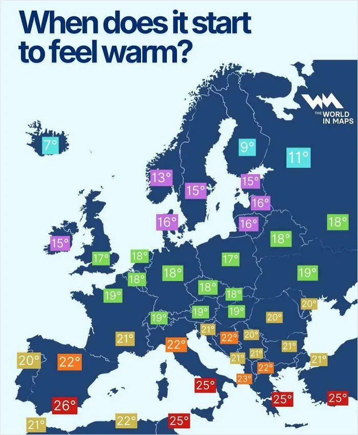 Map of Europe with temperatures indicating when it starts to feel warm in different regions