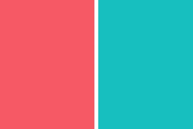 A solid split background of coral pink on the left and bright teal on the right, offering a color palette choice.