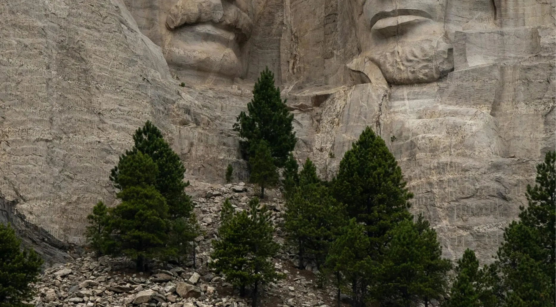Identify the landmark from this zoomed-in photo: a large rock carving of two faces with pine trees and rubble below.