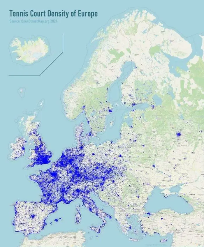 An interesting map showcasing tennis court density across Europe