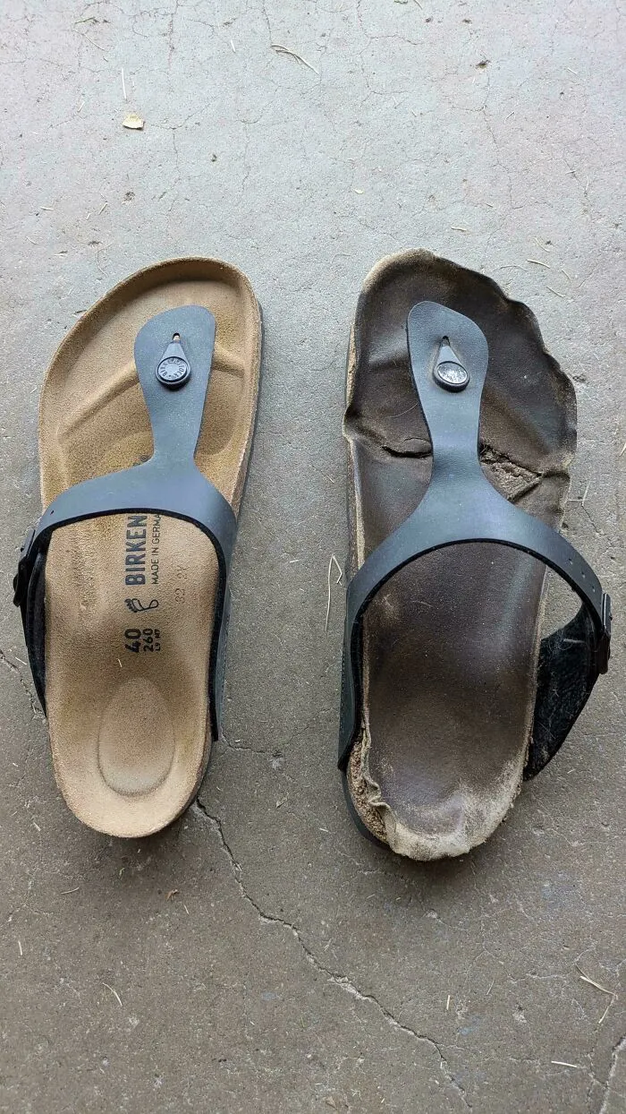 Comparison of a new and heavily worn Birkenstock sandal, showing how old products endure daily use.