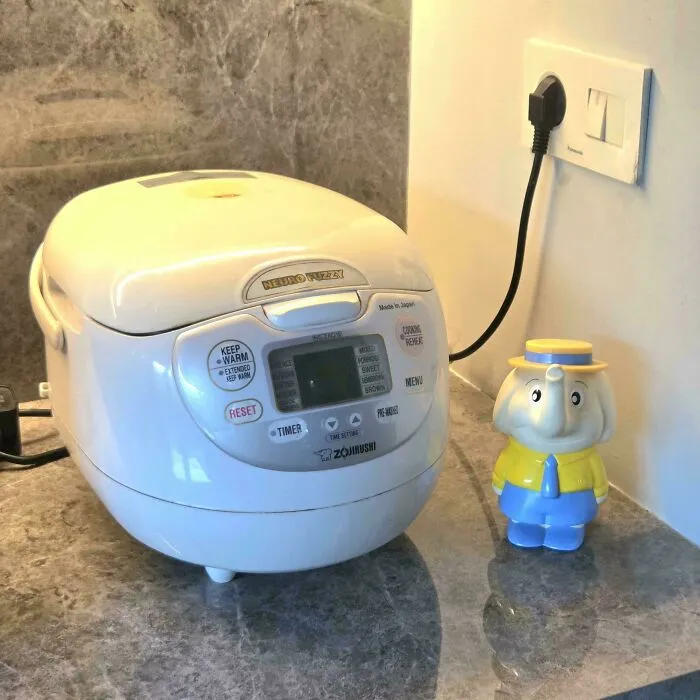 A white Zojirushi rice cooker, showing how well-made old products continue to function for daily use.