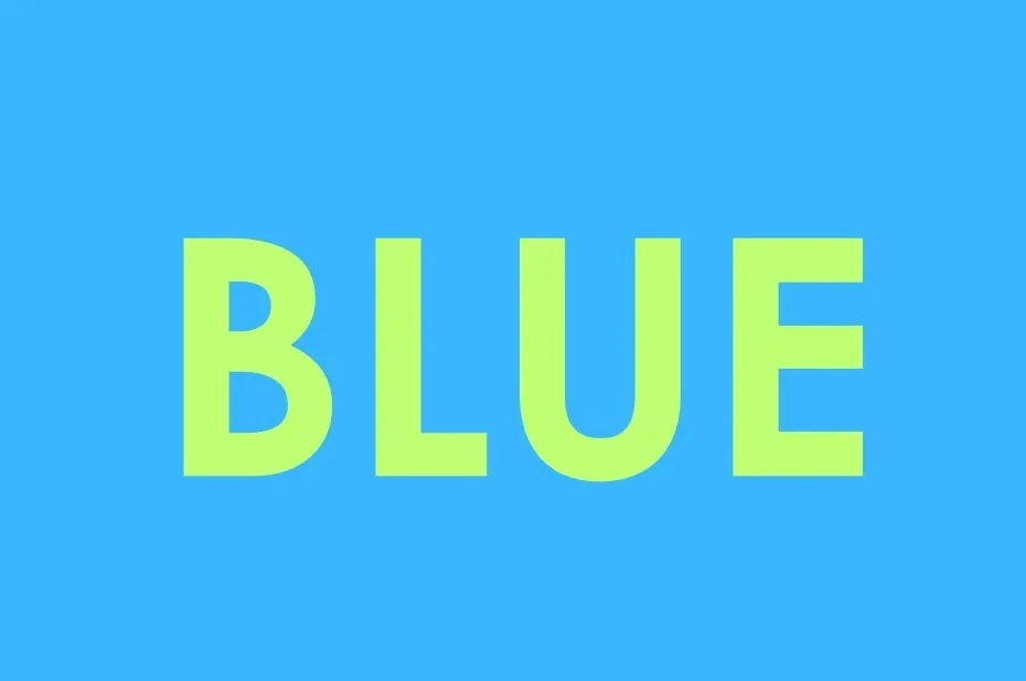 The word BLUE in bright green against a solid blue background, offering a contrast to a white background.