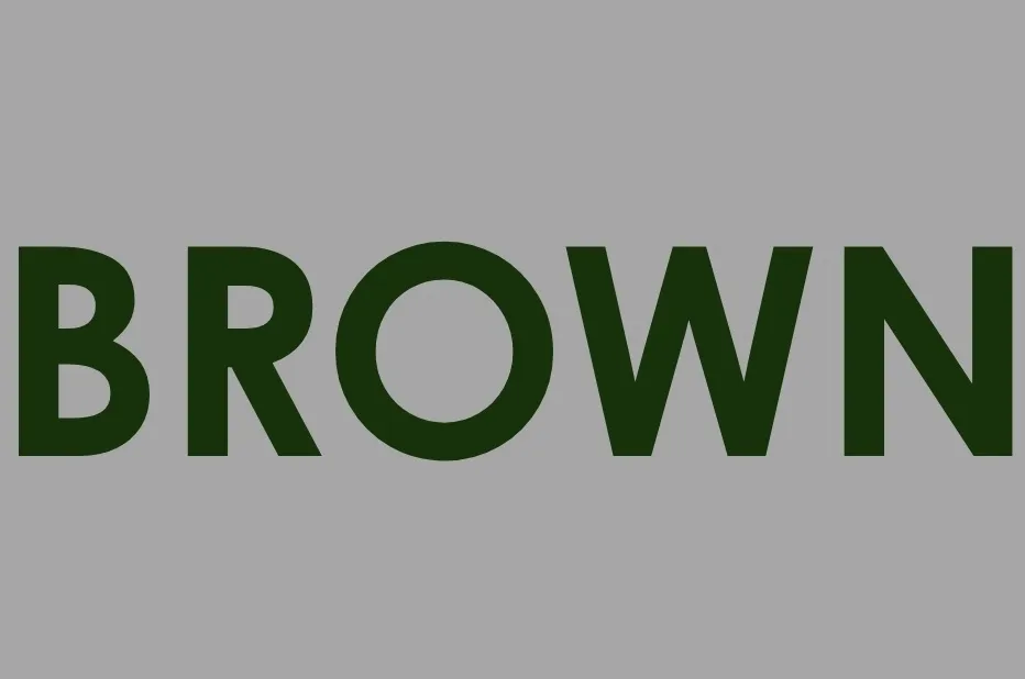 The word BROWN in dark brown letters against a light gray background, highlighting the color brown.