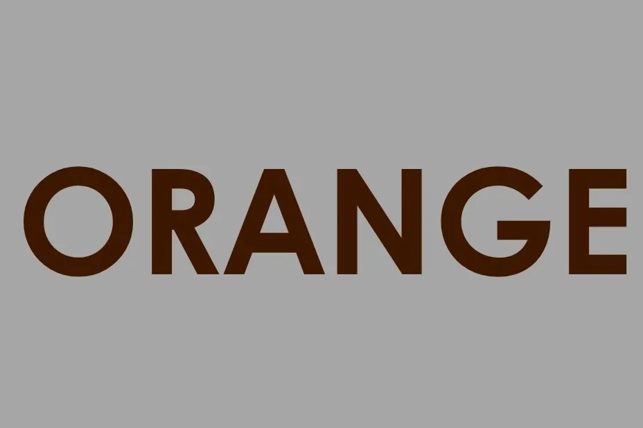 The word ORANGE is spelled out in a brown font on a gray background, contrasting with the color brown.