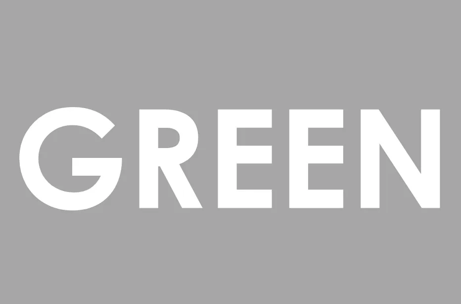 The word GREEN in bold white letters against a solid gray background.