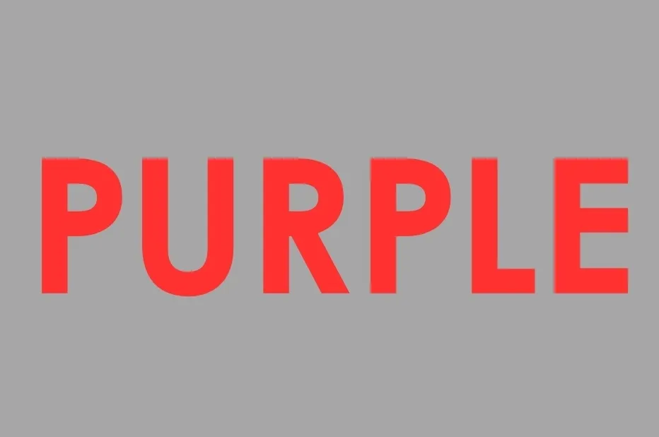 The word PURPLE in bright red uppercase letters on a solid gray background.