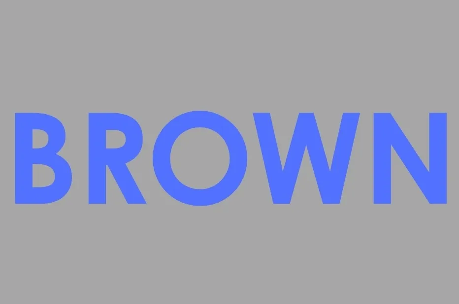 The word BROWN written in blue on a grey background. Not the color black.