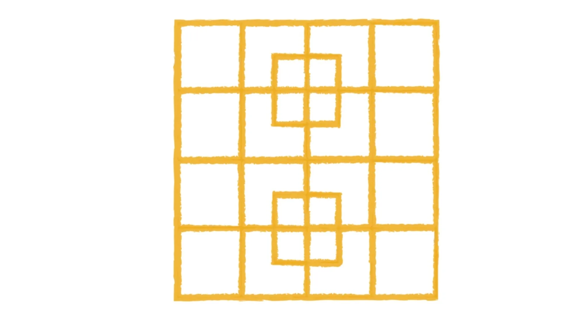 An image riddle displaying a grid of yellow lines on white. The puzzle challenges viewers to count how many squares they can see.