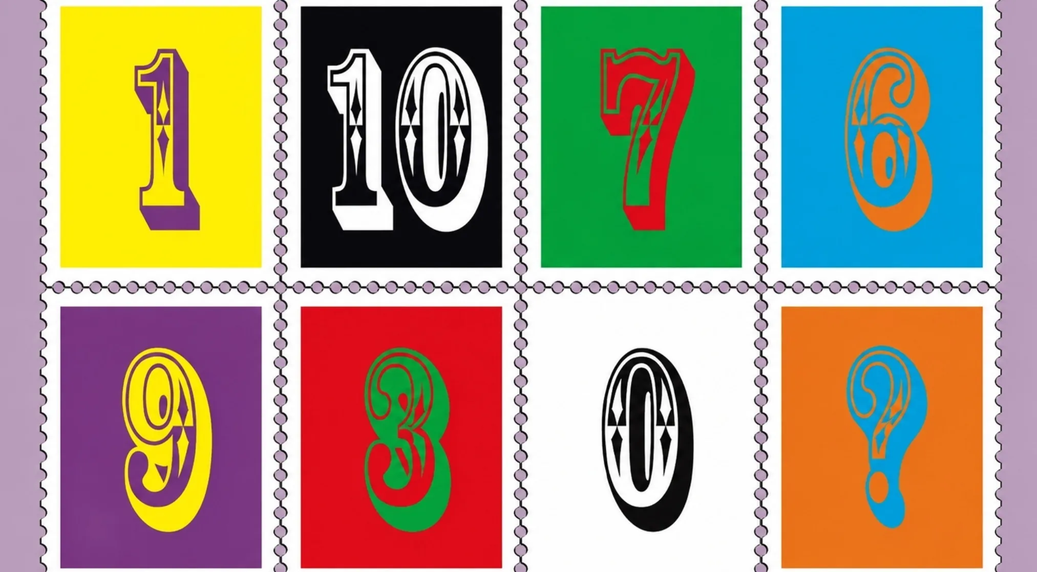 An image riddle with various numbers on stamp-like squares, including 1, 10, 7, 6, 9, 3, 0 and a question mark.