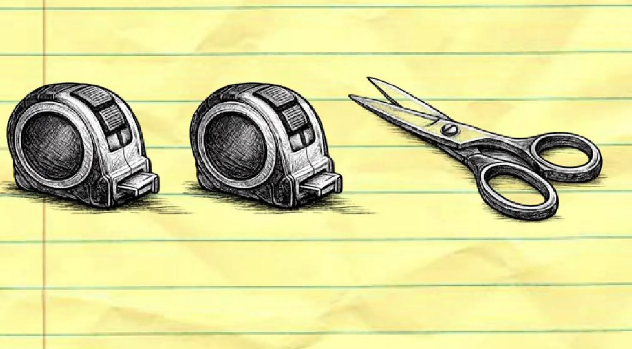 An image riddle of two tape measures and a pair of scissors on lined, crumpled paper.