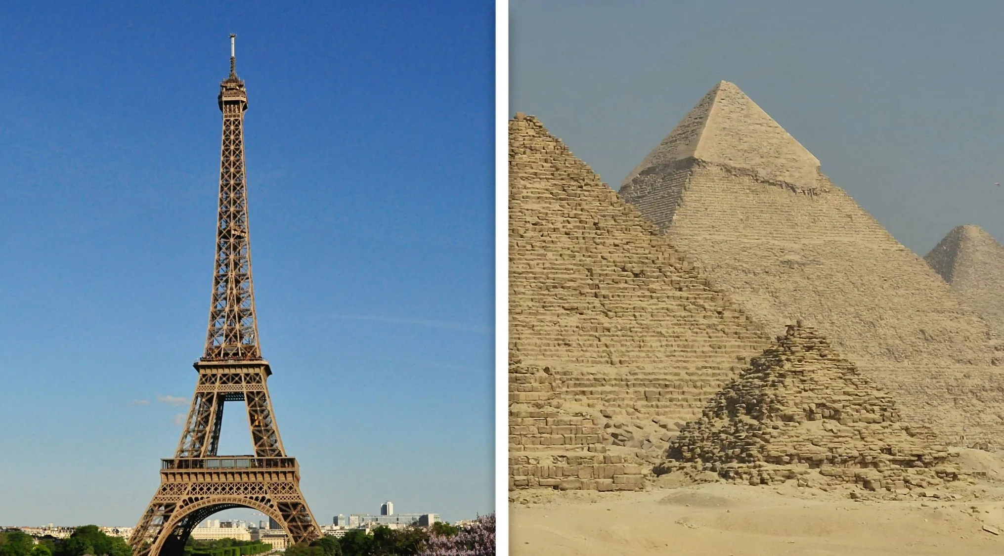 A split image showing the Eiffel Tower on the left and the Great Pyramid of Giza on the right. General knowledge quiz.