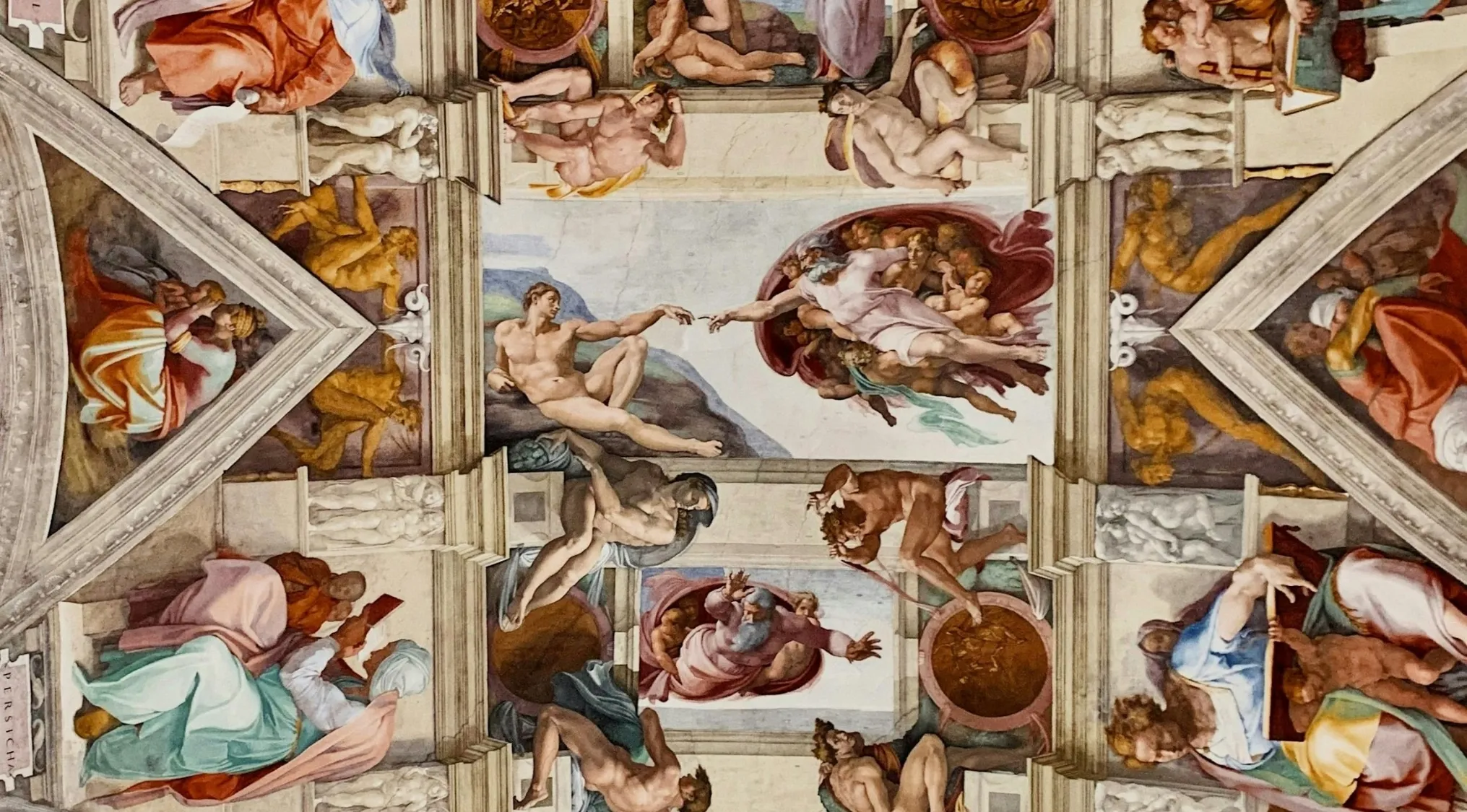 The Sistine Chapel ceiling, showing the iconic Creation of Adam, a masterpiece by Michelangelo. Test your general knowledge quiz.