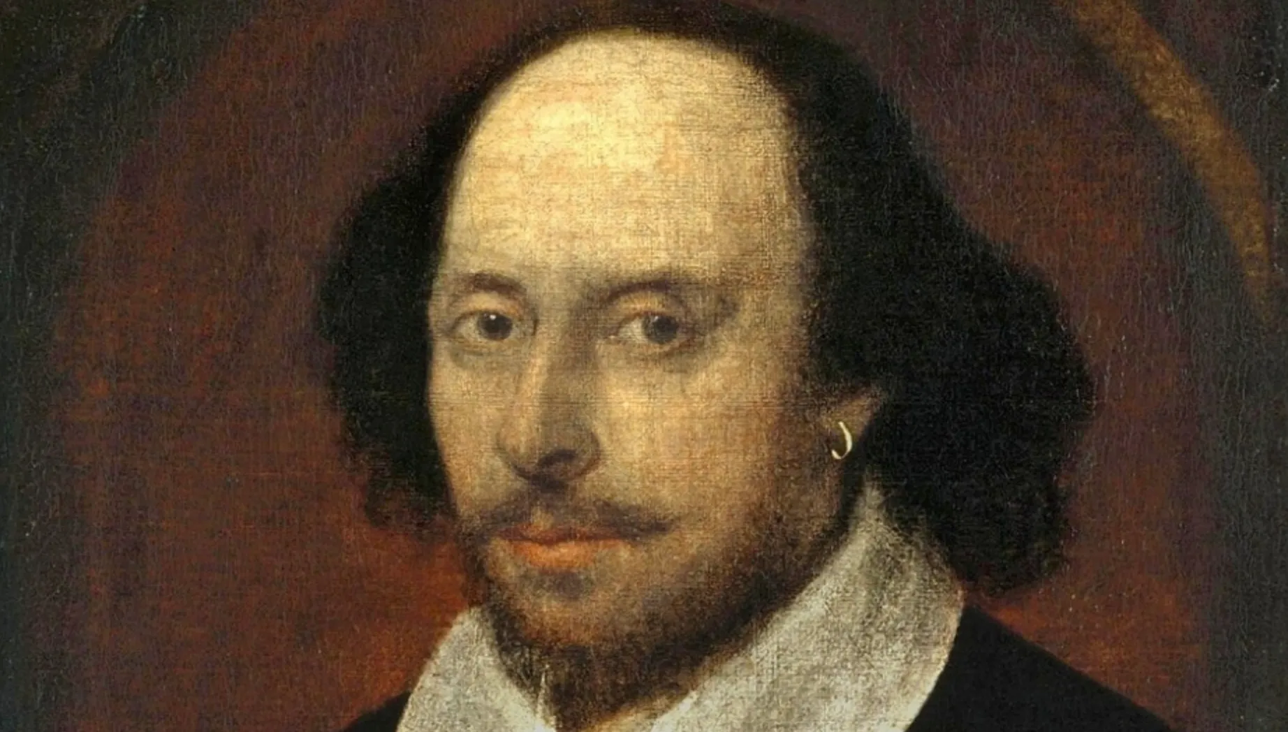 Painting of William Shakespeare, the playwright who wrote Hamlet, wearing an earring and white collar. General knowledge quiz.