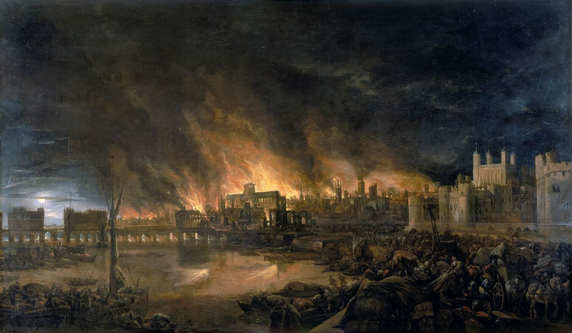 A painting depicting the Great Fire of London, with flames engulfing buildings, smoke filling the night sky, and people on the Thames.