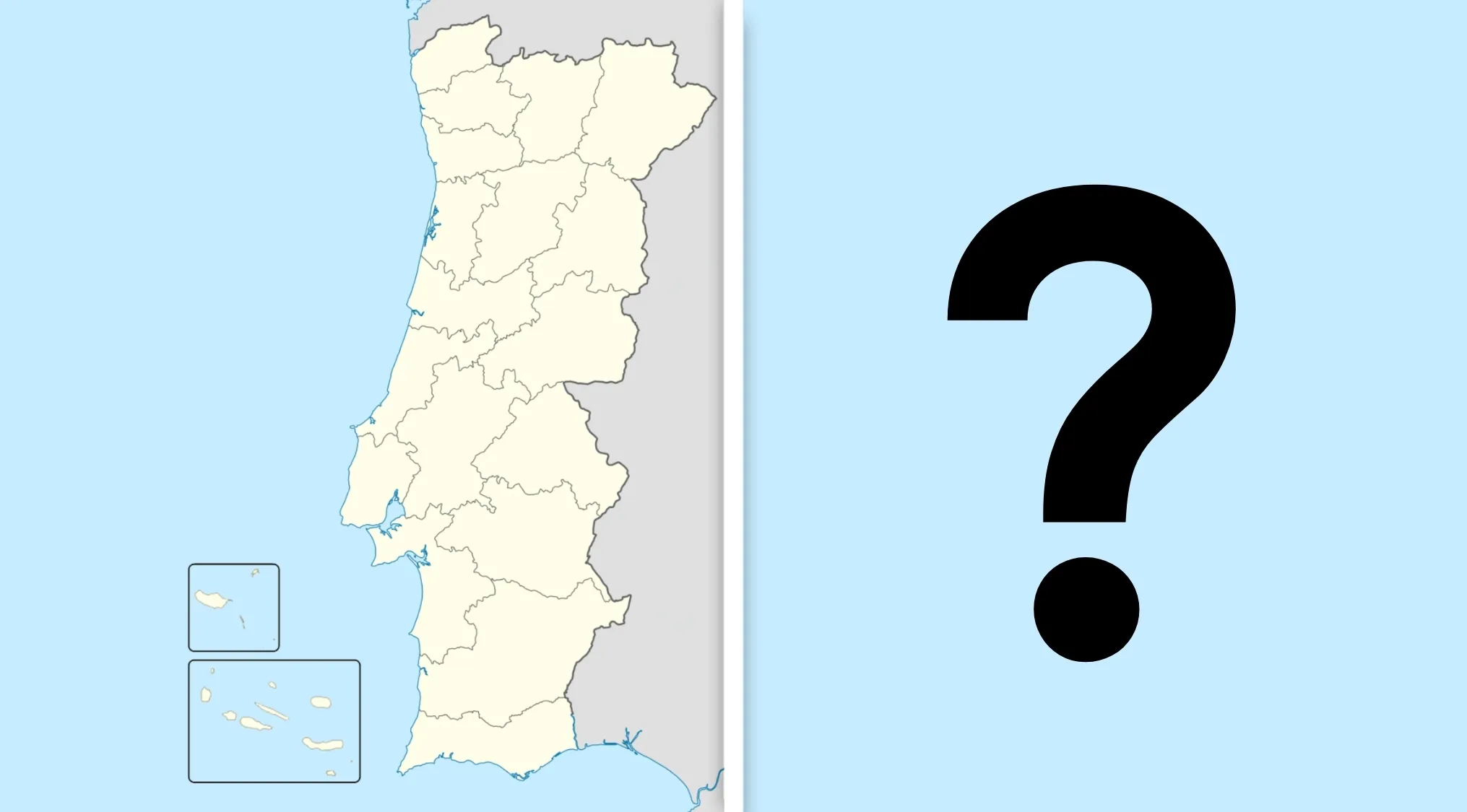 A map of Portugal with its continental and island territories, next to a large question mark. A general knowledge quiz.