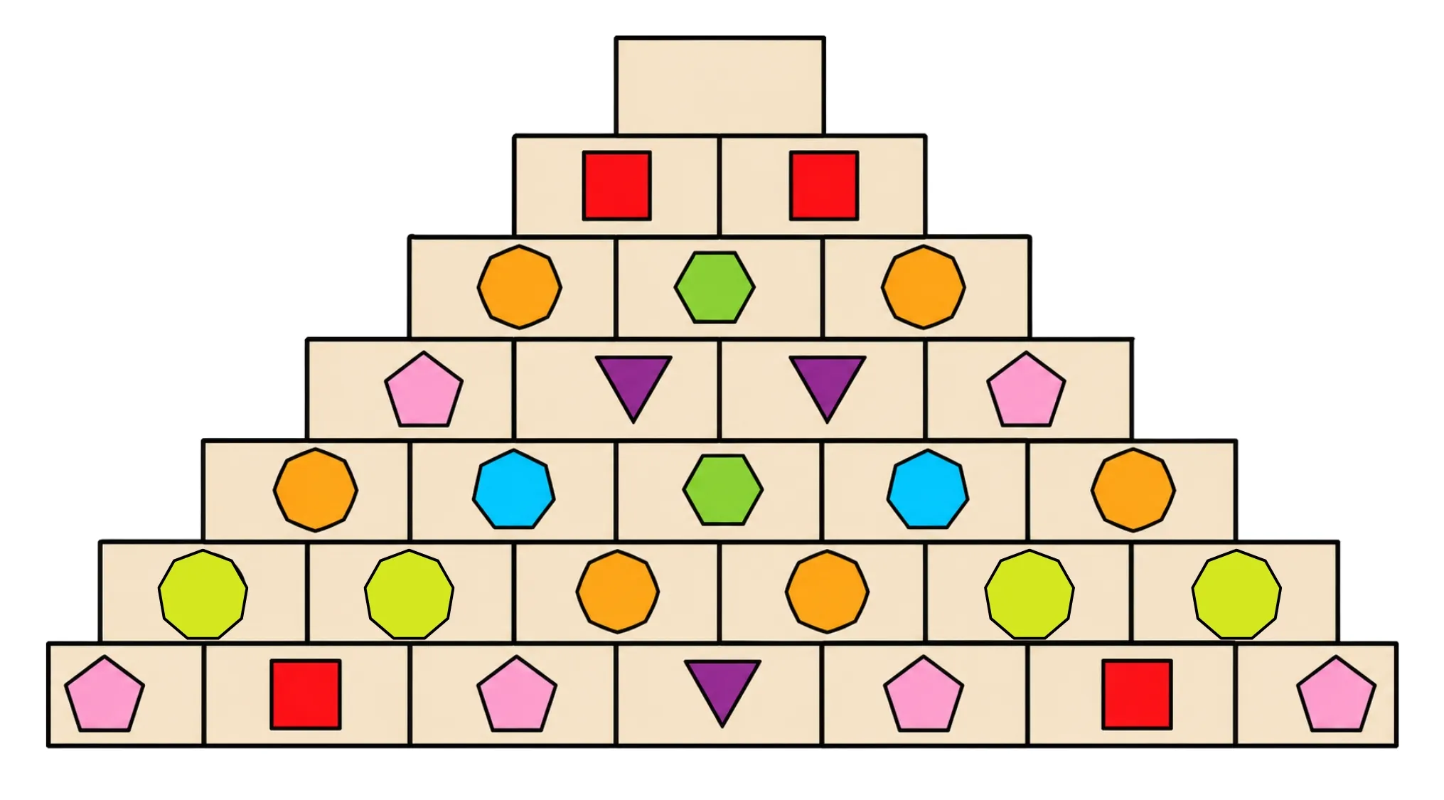 Image riddle featuring a pyramid of color shapes. Which color shape should be on top to complete the pattern?