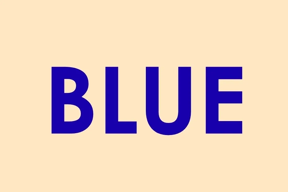 The word "BLUE" in a deep purple color is displayed prominently on a light beige background.