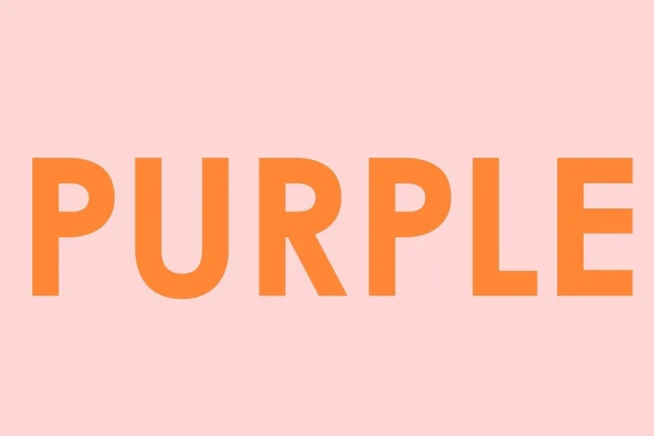 The word PURPLE in large orange capital letters against a soft pink background, emphasizing the color.