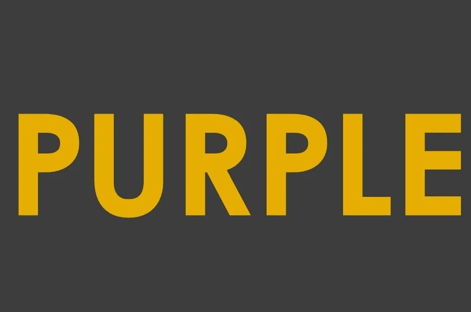 The word PURPLE in bright yellow letters against a gray background.