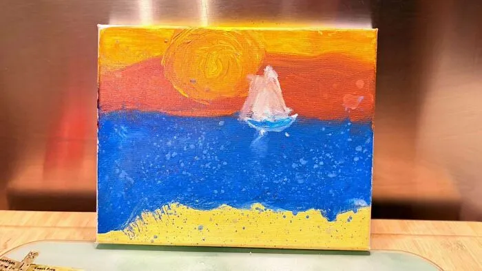 My 7 Year Old Son Archie's Sunset Sail. His 4th Attempt At Painting. Very Proud Daddy. [oc]