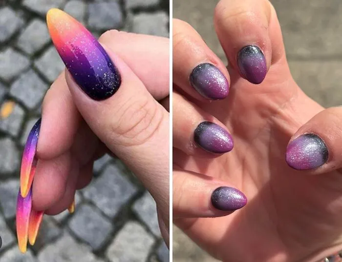 Two side-by-side images comparing ombre glitter nails; one looking significantly better with long gradient, the other looking worse and short from a beauty salon.