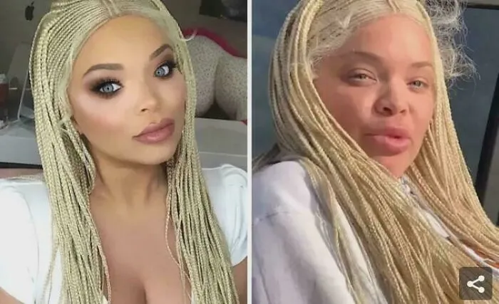 Side-by-side comparison of blonde woman demonstrating Instagram reality