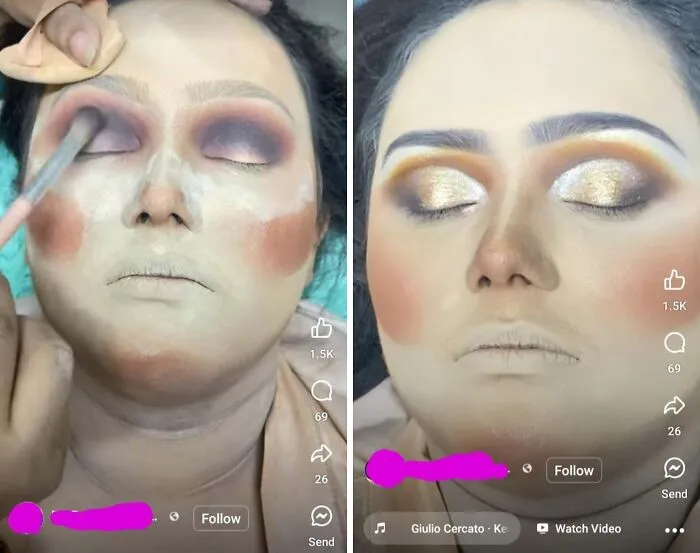Beauty salon client showing an extreme makeup look, looking significantly worse than expected.