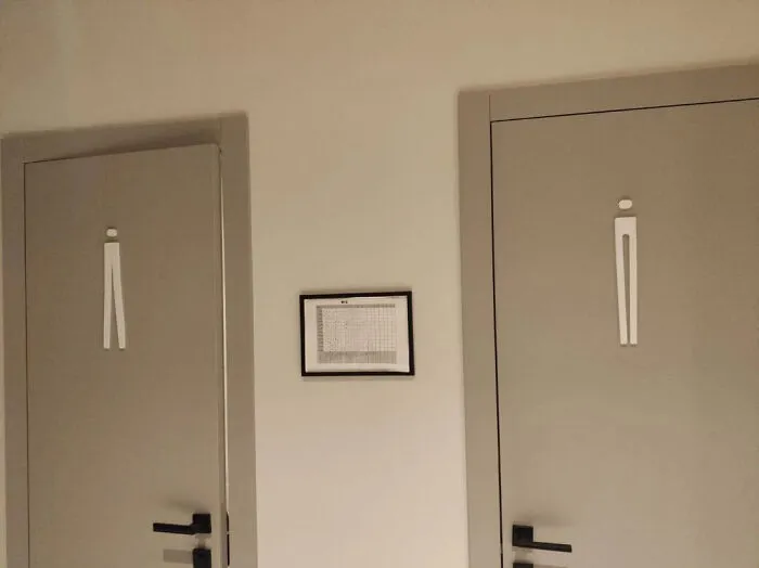 Minimalist restroom signs with oddly shaped human figures on doors