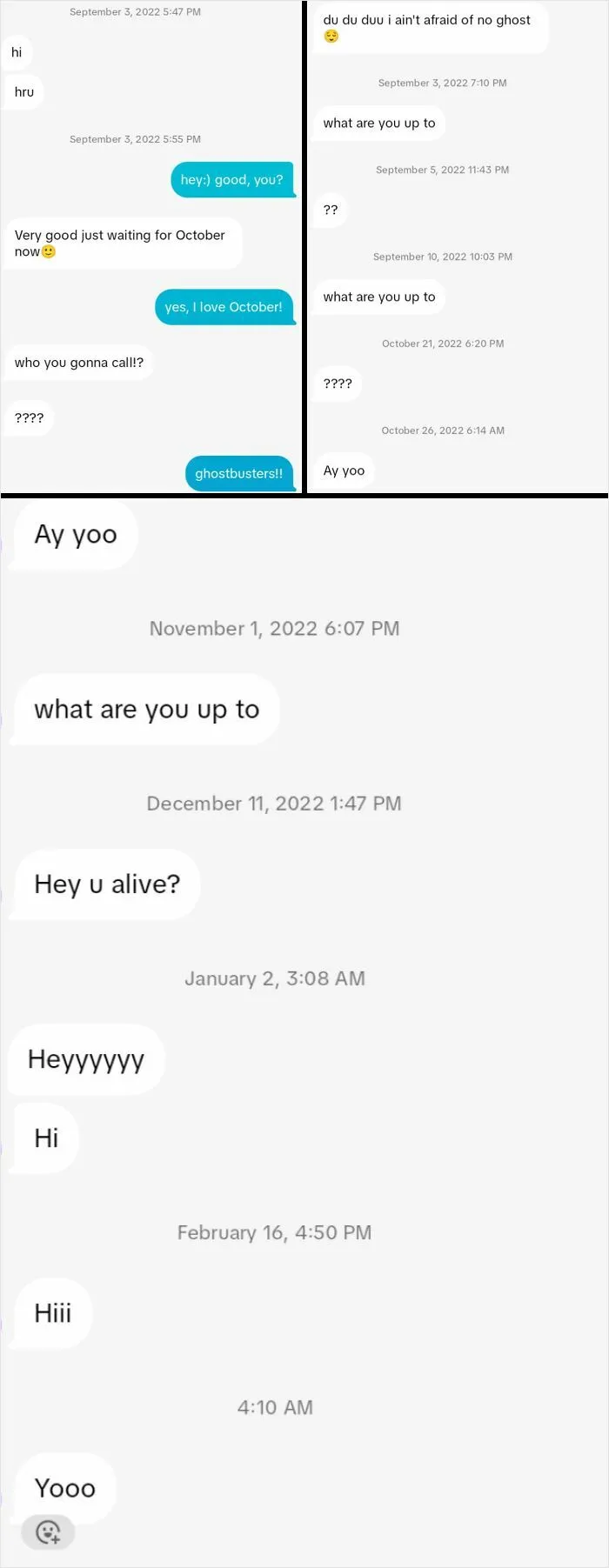 Awkward text messages with repeated questions and ghostbusters reference