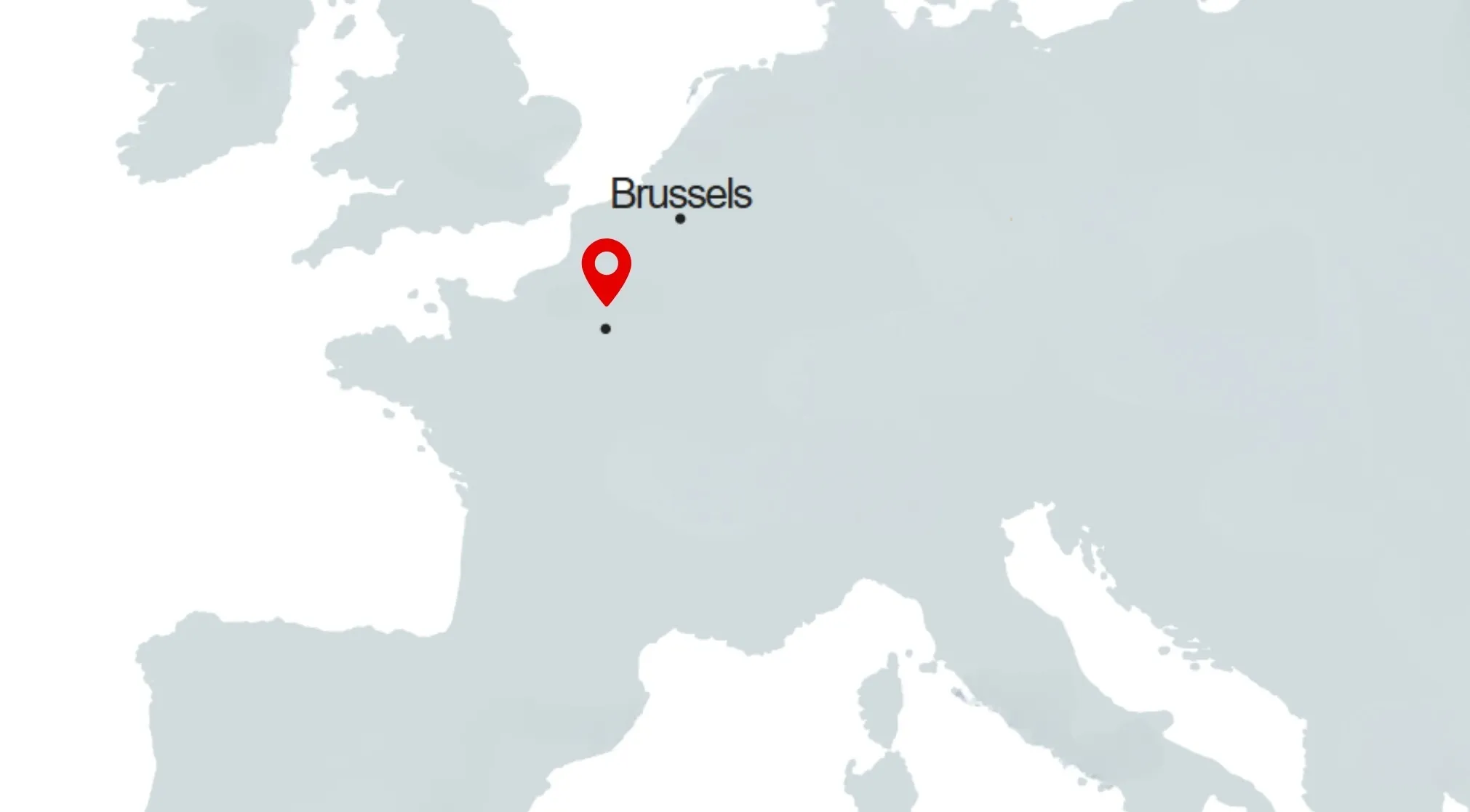 A borderless map of Western Europe, with Brussels indicated as the capital by a red pin marker. Guess the capital.