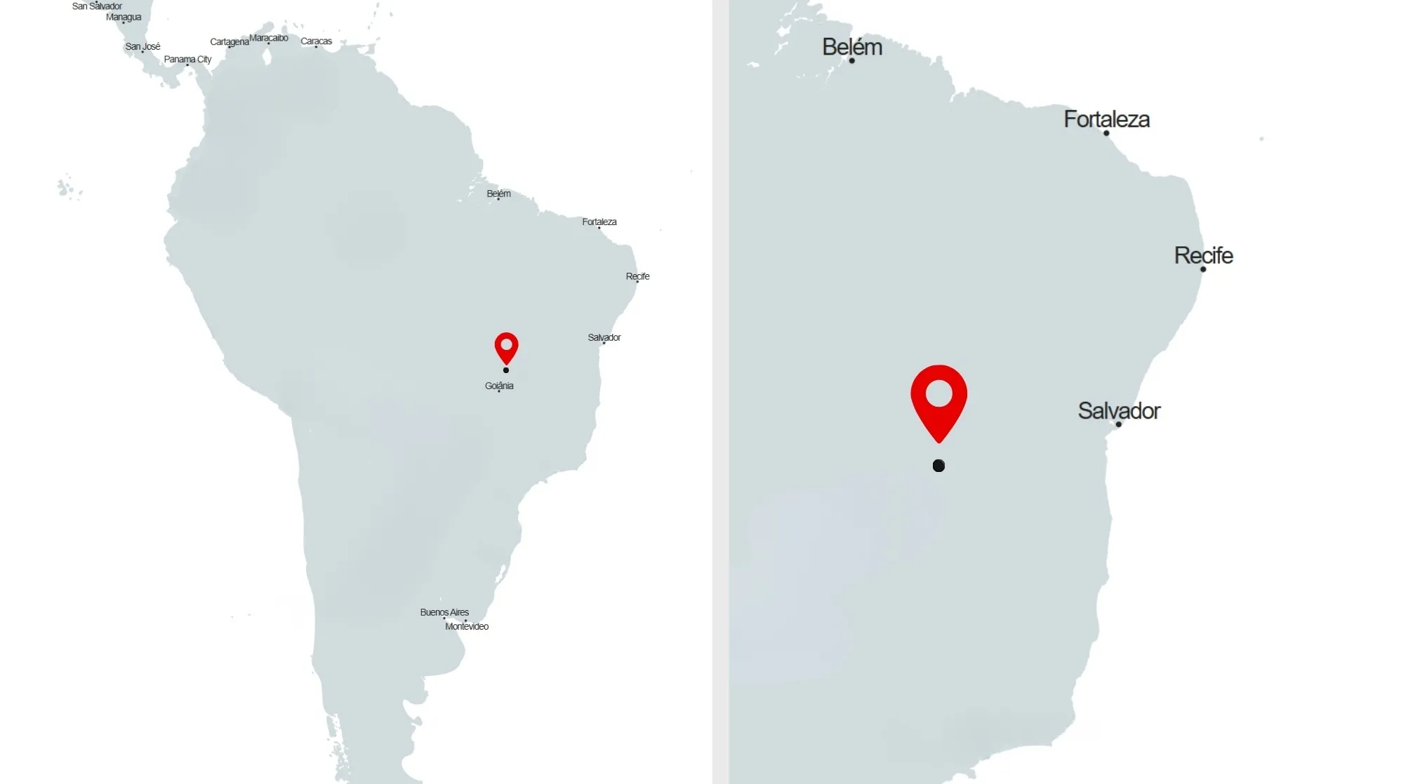 A borderless map of South America with a red pin marking a location. Guess the capital city on the map.