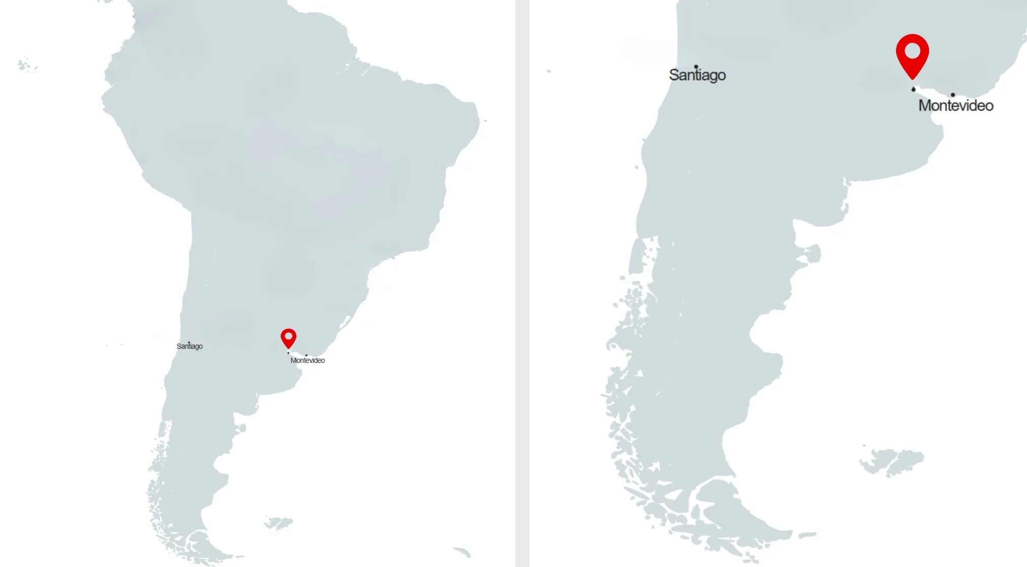 Map showing South America with Santiago and Montevideo marked, highlighting a capital from a borderless map.