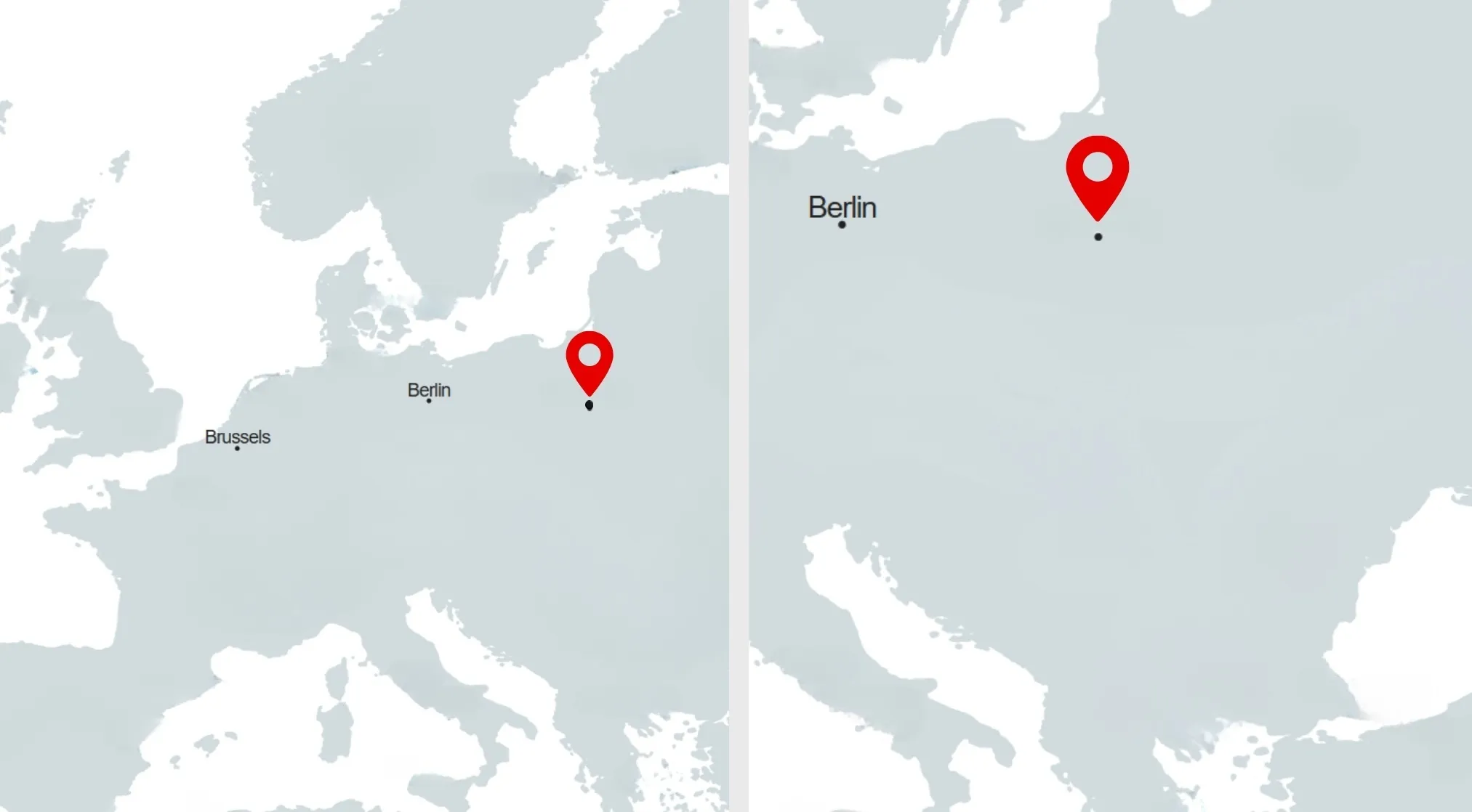 A borderless map showing Europe. A red pin indicates a capital in a guessing game, Berlin and Brussels are visible.