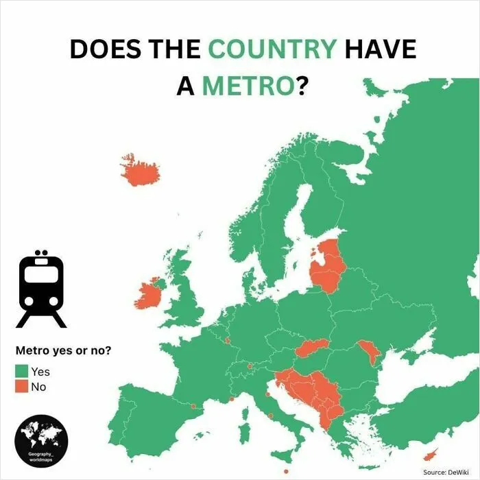 Europe map showing which countries have metro systems in green or not in red