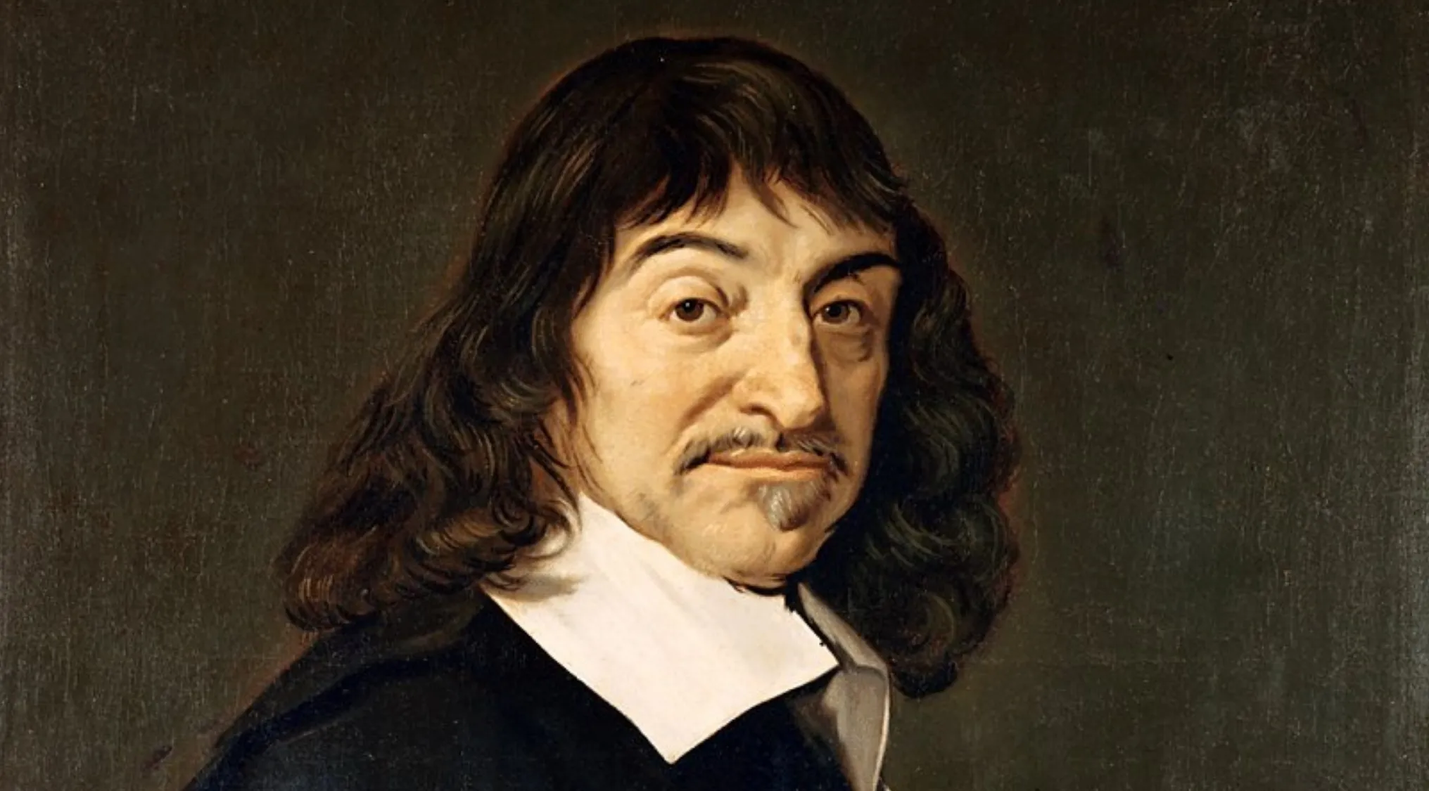 A historical portrait of René Descartes, featuring his long hair and mustache, highlighting the concept of dualism.