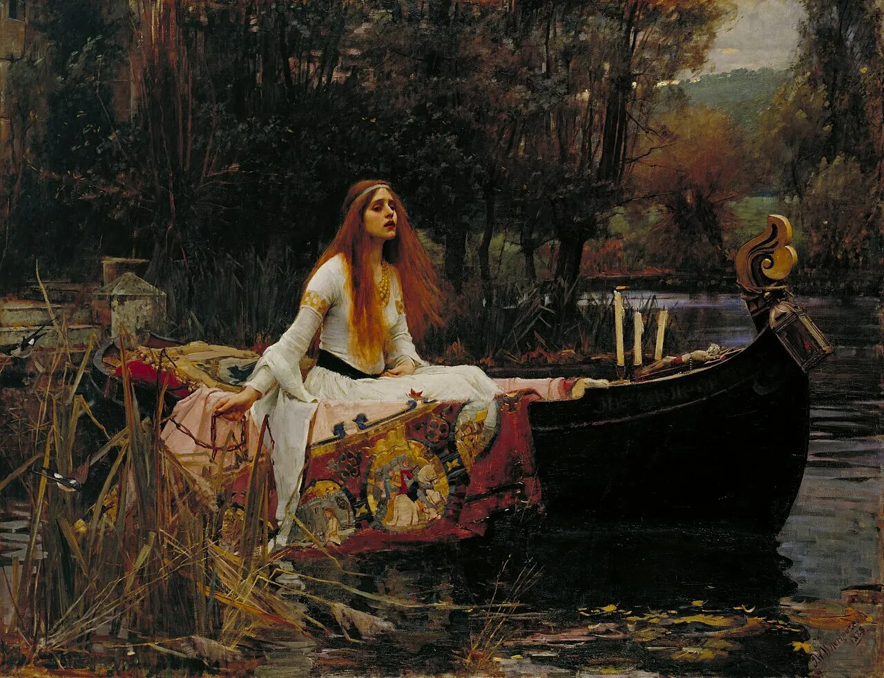 A red-haired woman in a boat, floating on a river. A passionate rebellion against the cultural movement of the past.