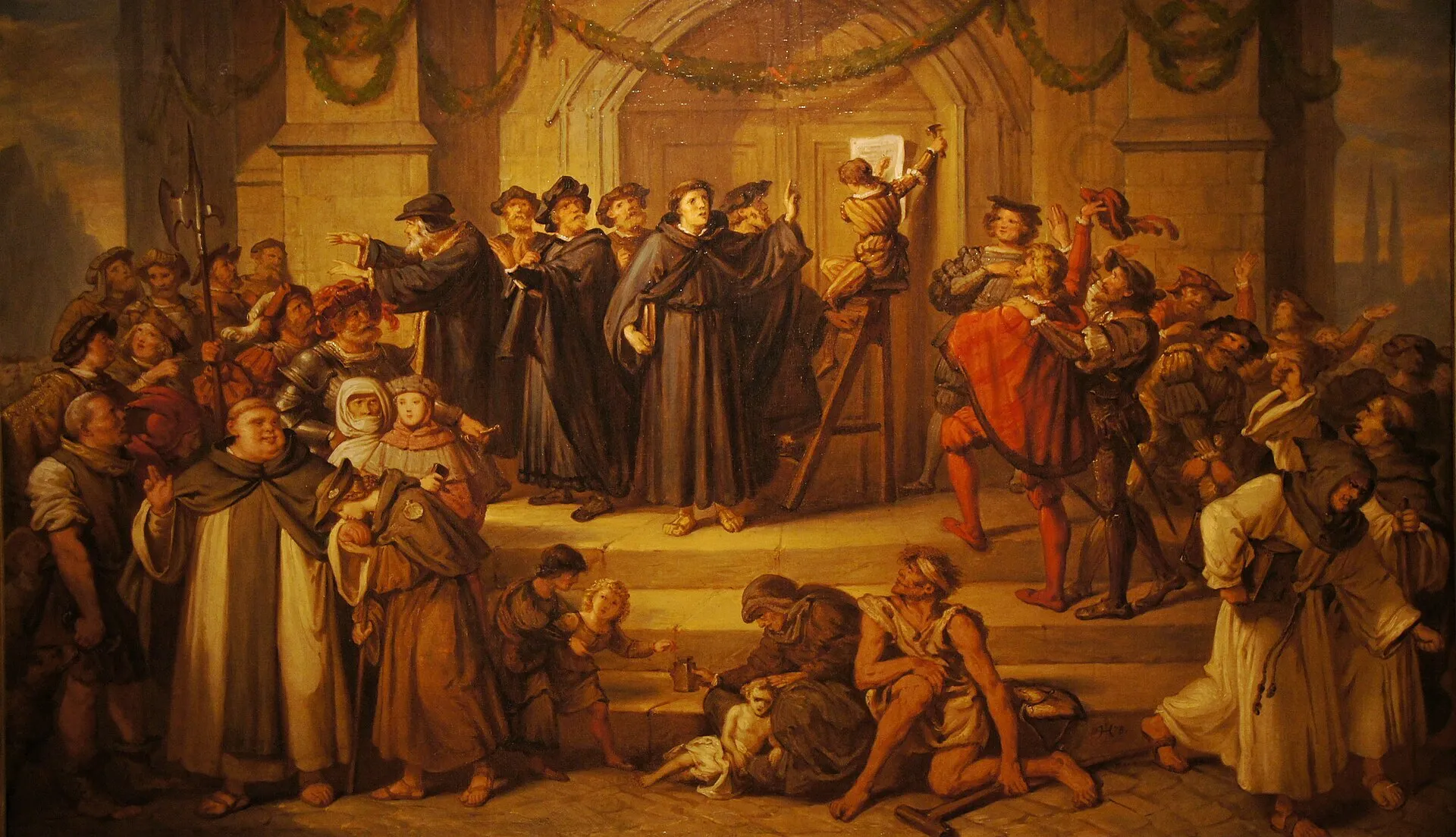Painting of Martin Luther nailing his 95 Theses to a church door in Wittenberg, Germany, challenging the Catholic Church.