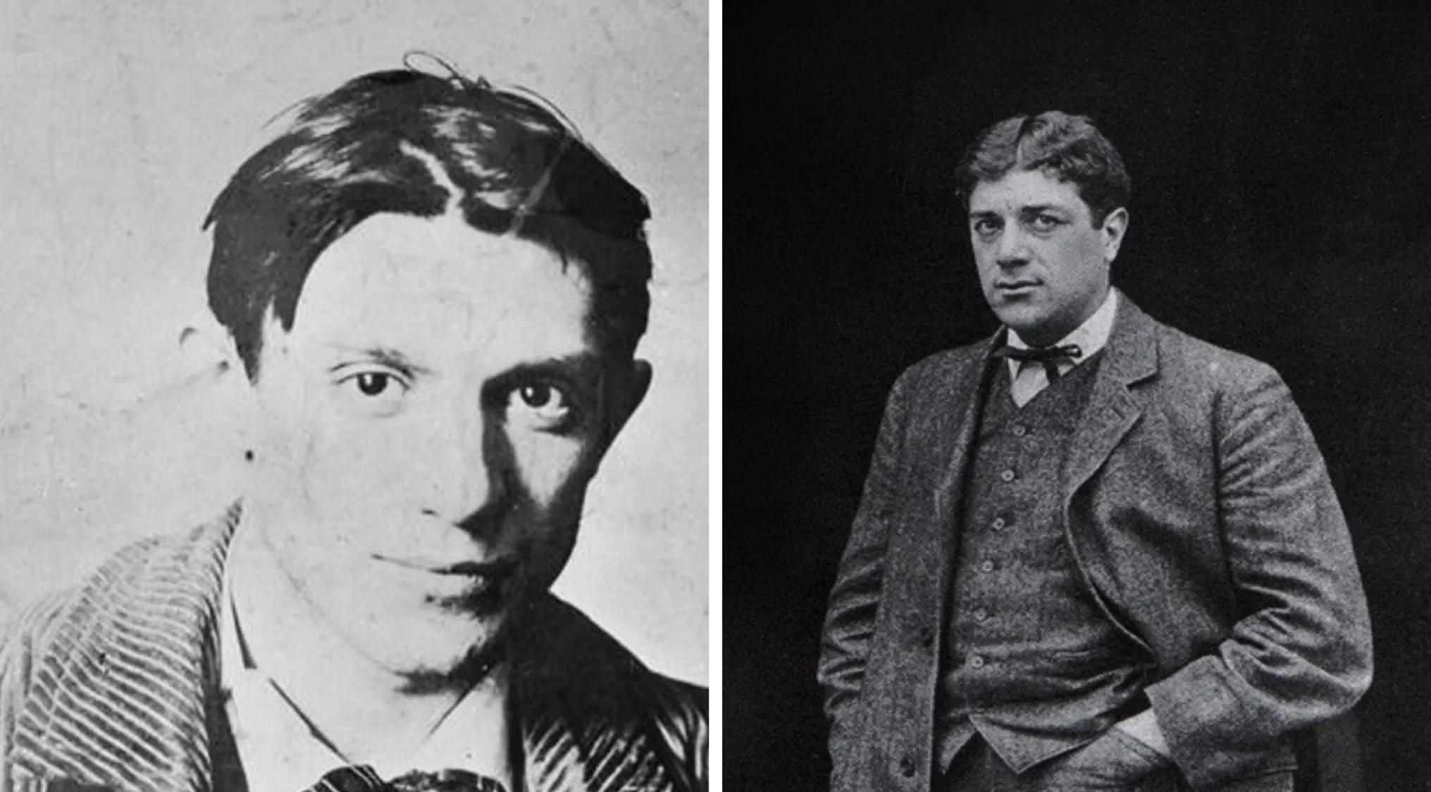 Black and white split image of young Pablo Picasso and Georges Braque, co-founders of the Cubism art movement.