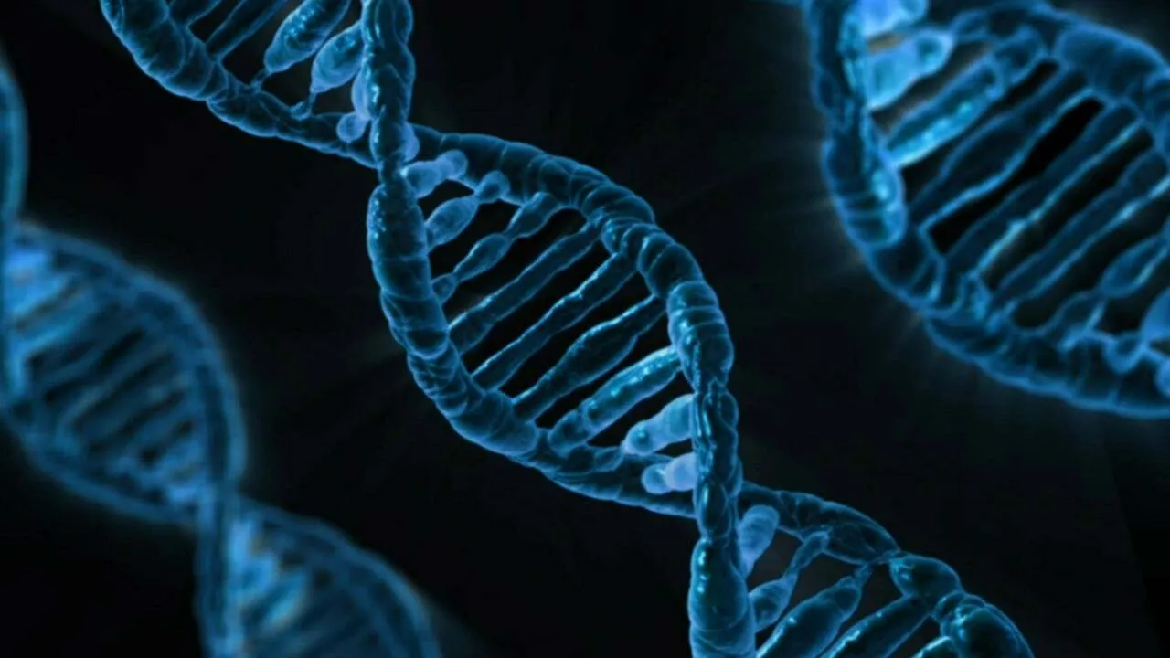 A close-up of a blue DNA strand on a dark background, representing genetic conditioning in a dystopian novel.