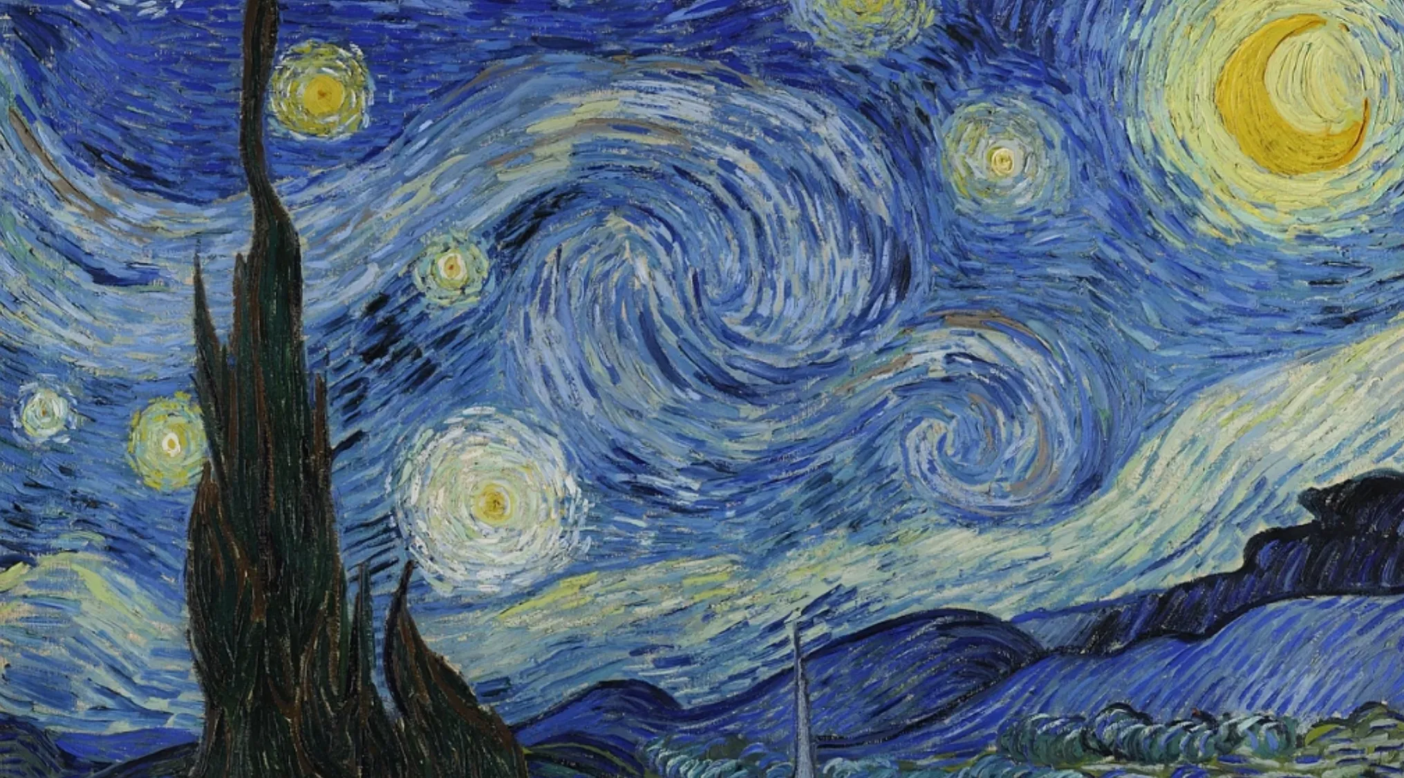 Vincent van Gogh's The Starry Night painting. Swirling blue sky, bright stars, and a crescent moon over a dark landscape.