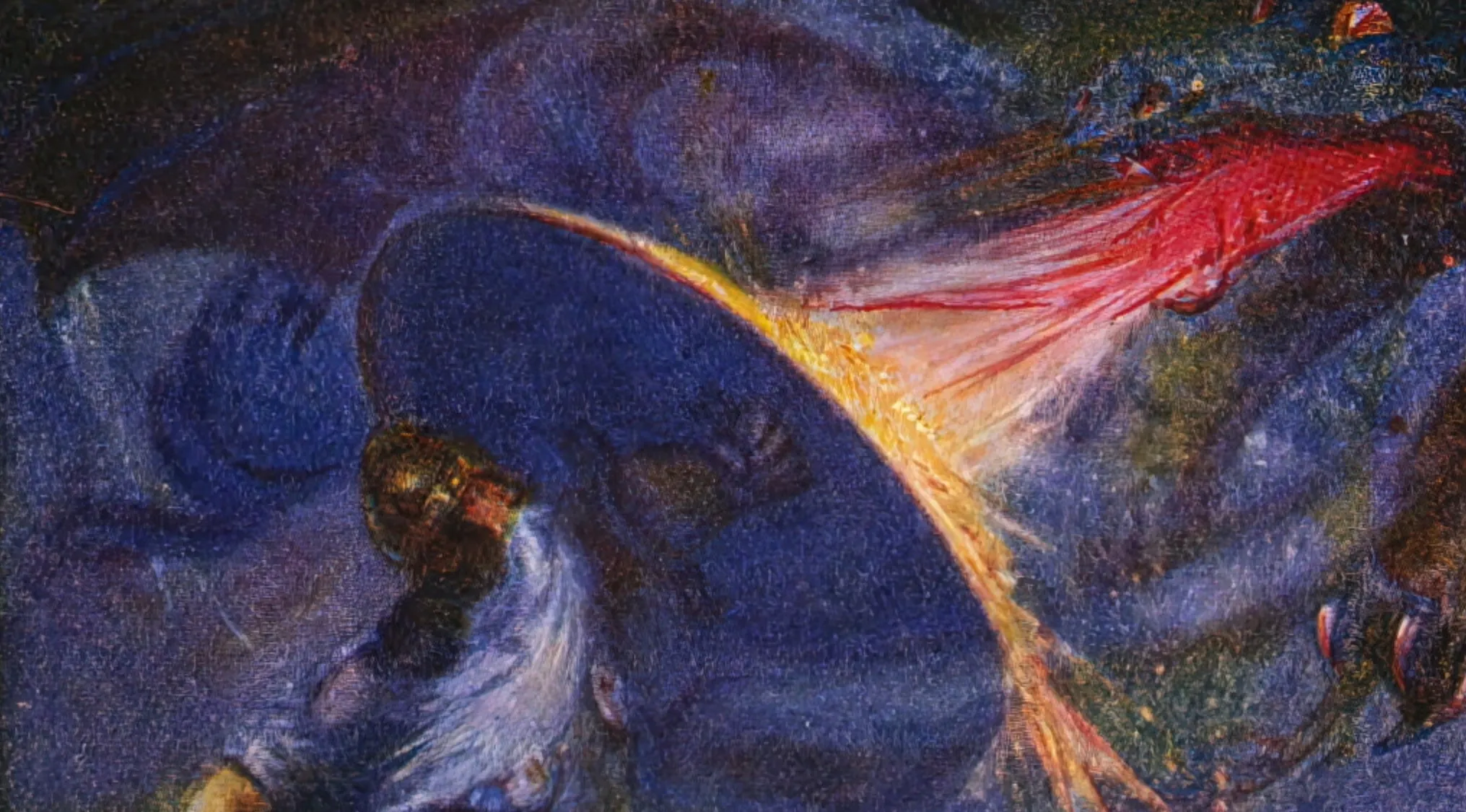 A dark, impressionistic painting depicts Beowulf battling the dragon, with vibrant red and yellow flames illuminating the scene.