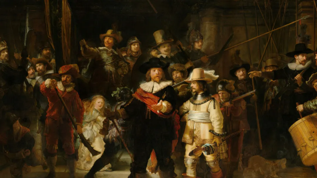 A close-up of The Night Watch by Dutch painter Rembrandt, featuring a dark, busy scene of militiamen.