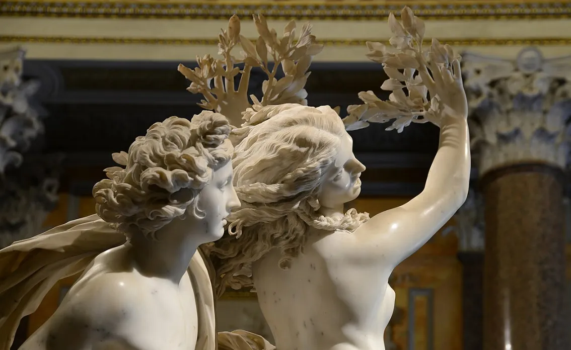 Dynamic marble statue Apollo and Daphne, showcasing intricate details and emotional expression, a masterpiece by Italian sculptor.