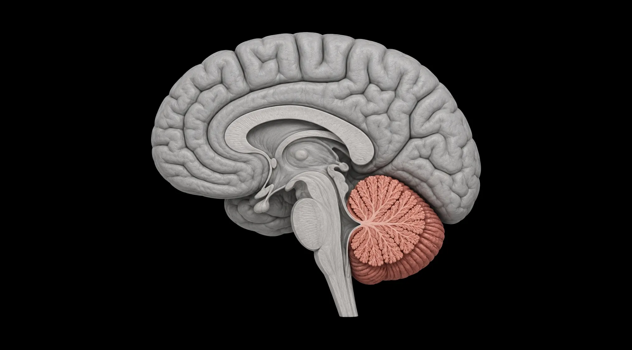 A sagittal view of the human brain on a black background, highlighting the cerebellum in red. Science Human Biology Trivia.